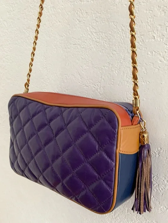 Vintage Quilted Color Block Multi-Color Leather Studded Tassel Crossbody Bag - Picture 7 of 17